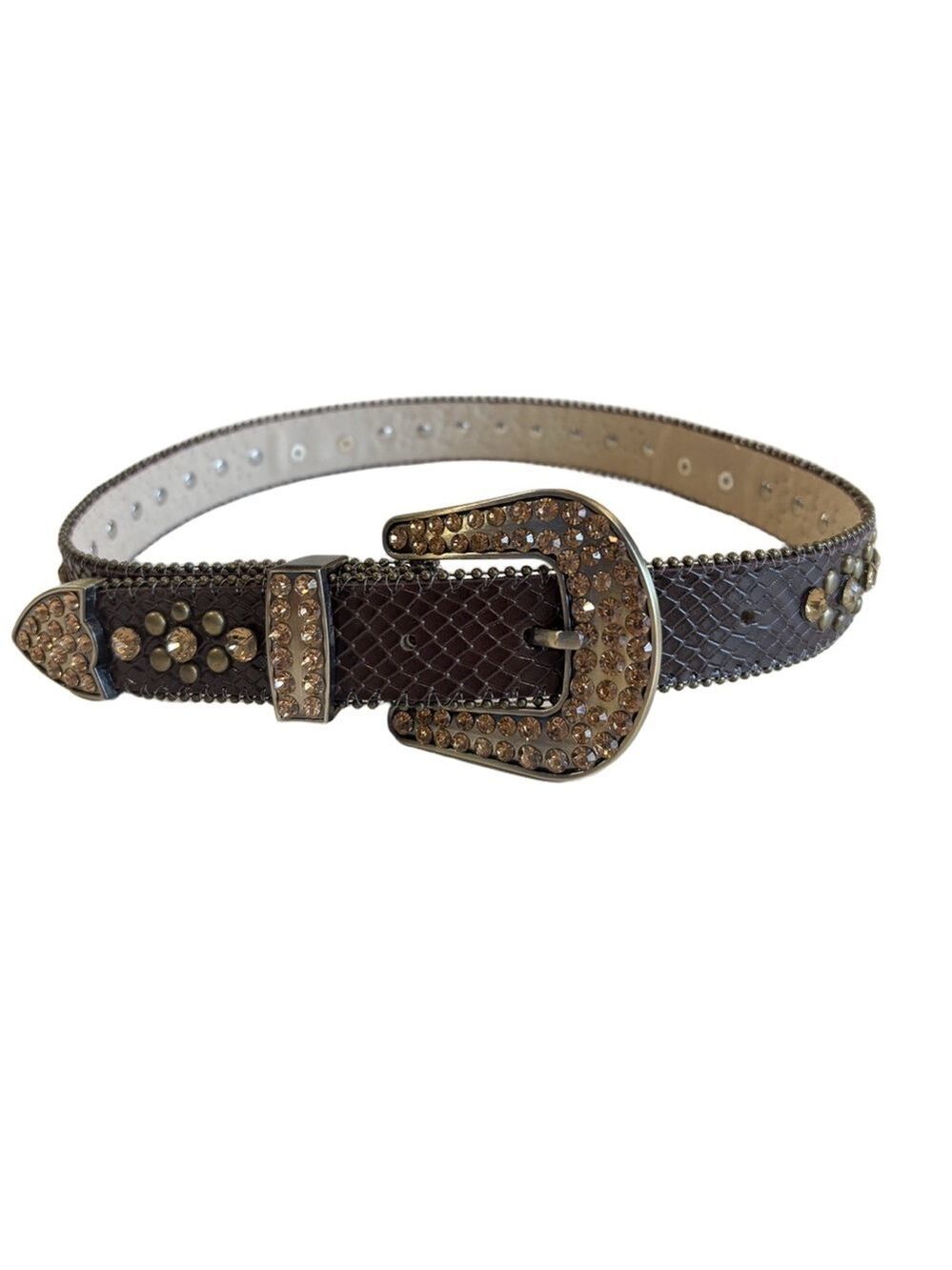 Brown leather belt adorned with amber stones and burnished gold studs. Size 24